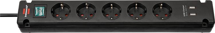 5-fach Steckdose mit 2 USB Ladebuchsen und Kontrollschalter Farbe: schwarz, 3m