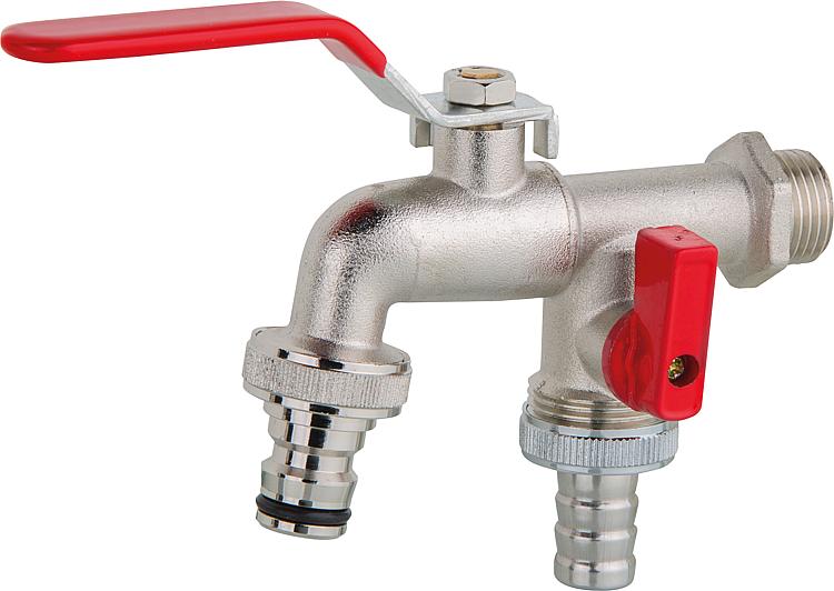 Doppel Kugelauslaufhahn DN15 1/2" Auslaufhahn Kugelhahn Doppelt mit Stecksystem z. B. f. Gardena