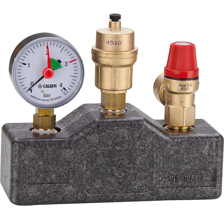 Caleffi Kesselsicherheitsgruppe bis 100 kW DN25 1" Messing mit Isolierung, Sicherheitsventil 3 bar 302634