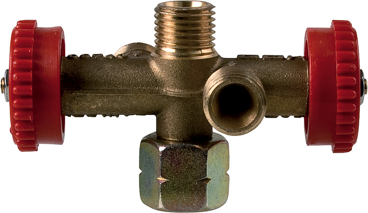 3-fach Abzweigventil G 1/4 LH-ÜM x (3x)G 1/4 LH-KN mit 2 absperrbaren Abgängen