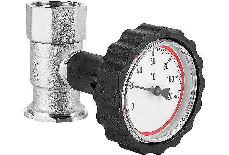 Vorlauf Pumpenflanschkugelhahn 1" mit Thermometerhandgriff rot vernickelt