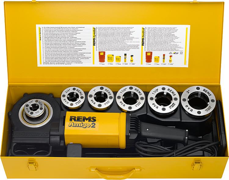 REMS Amigo2-Set komplett mit Schneidköpfe R 1/2-3/4-1-1 1/4-1 1/2-2