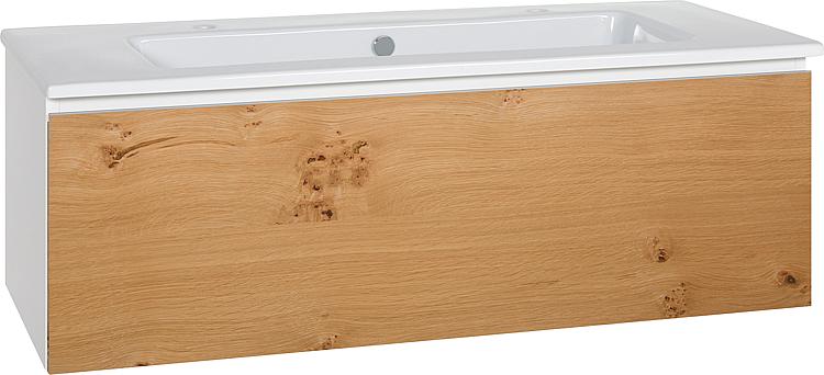 Waschtischunterschrank + Keramik Waschtisch ELA Korpus weiß Front Eiche Furnier hell 1210x420x510