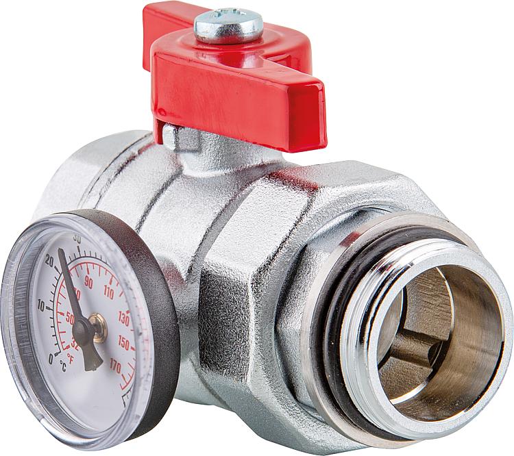 Kugelhahn DN32 1 1/4" mit Verschraubung,Thermometer und Flügelgriff rot