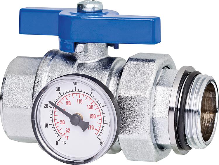 Kugelhahn DN32 11/4" mit Verschraubung,Thermometer und Flügelgriff blau