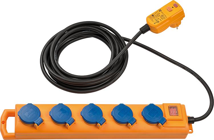 5-Fach Steckdose m. FI-Stecker 30mA IP 54, 5 Steckdosen m. Klappdeckel 5m Kabel H07RN-F 3G1.5