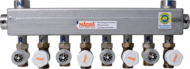 Magra Edelstahl Verteiler 60/60 mit  Ventile und Rondo- Abgleichventil für 4 Heizgruppen