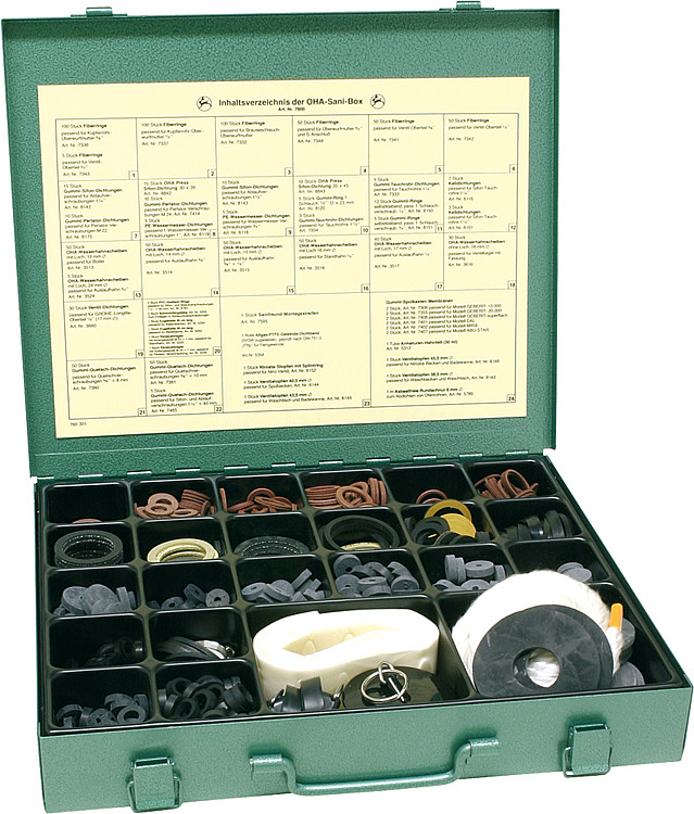 Dichtungskoffer Sanitär Nr. 7600 komplett Sani-Box Inhalt 1016 Stück Fiberringe Gummi Dichtung