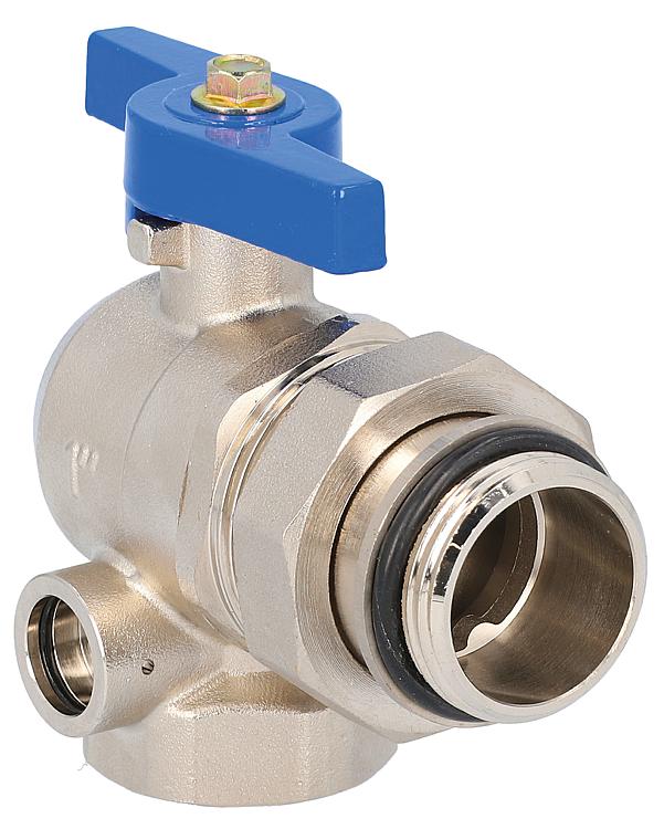 Kugelhahn Eck, Flügelgriff blau DN25 1" IGx DN 32 11/4" AG mit Aufnahme für Thermometer