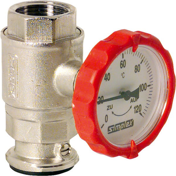 Simplex Pumpenkugelhahn mit SKB Typ S integrierter Thermometer D 63mm rund 1 1/4" rot F10136