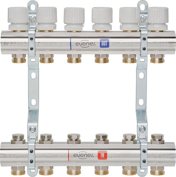 Heizkreisverteiler Evenes Typ M5.4, DN25 1" Messing, 4 Heizkreise m. Regulierventile