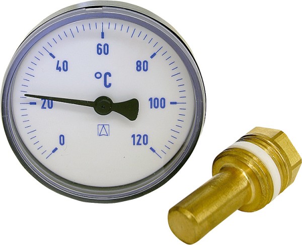 Bimetall-Thermometer 0-120 C 63 mm durch., Kunststoffgehäuse blau(ohne Kugelhah