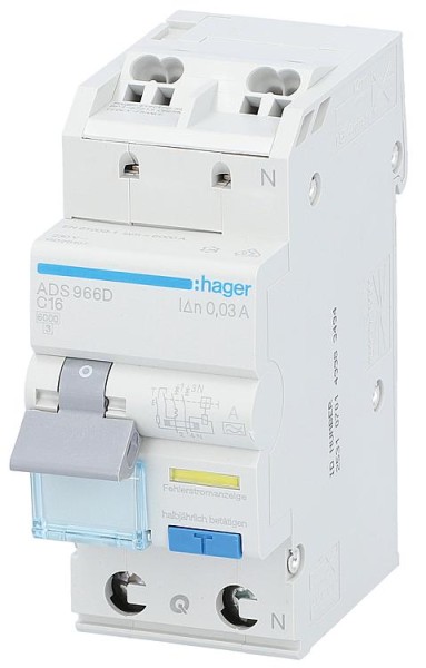 FI/LS-Schutzschalter Hager 1p+N,Typ A,C16A,30mA,6 kA, ADS966D,QuickConnect