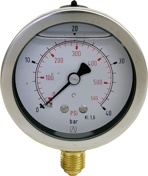 Manometer mit Glyzerinfüllung Druckbereich: 0-40 bar, Gehäuse 63mm Anschluß: 1/4" u