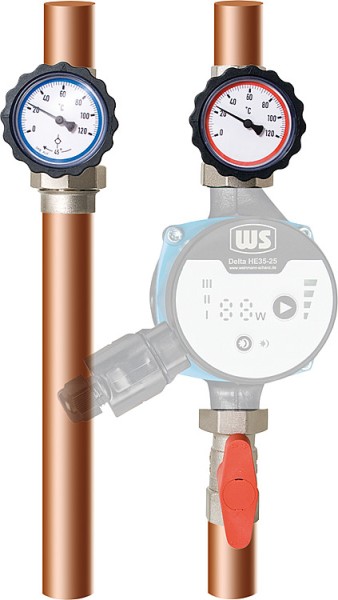 Pumpenabsperr-Set Typ7, DN25(1") vernickelt mit Überwurfmutter und Thermometer rot/blau