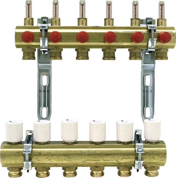 Heizkreisverteiler Messing 1 Durchflussmesser 0,5 - 5 l/min für 9 Gruppen, 3/4 E