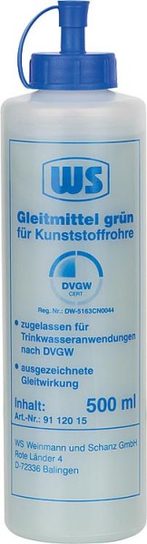 WS Gleitmittel für Kunststoffrohre grün, DVGW 250ml Dosierflasche