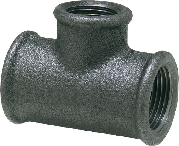 Tempergussfitting, schwarz T-Stück 90°, 3/4" x 1/2" Typ 130, reduziert (IG)