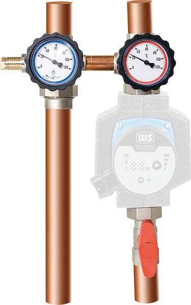 Pumpenabsperrset DN25 (1") mit Bypass, Vorlauf rechts ÜWM und Thermometer rot/blau