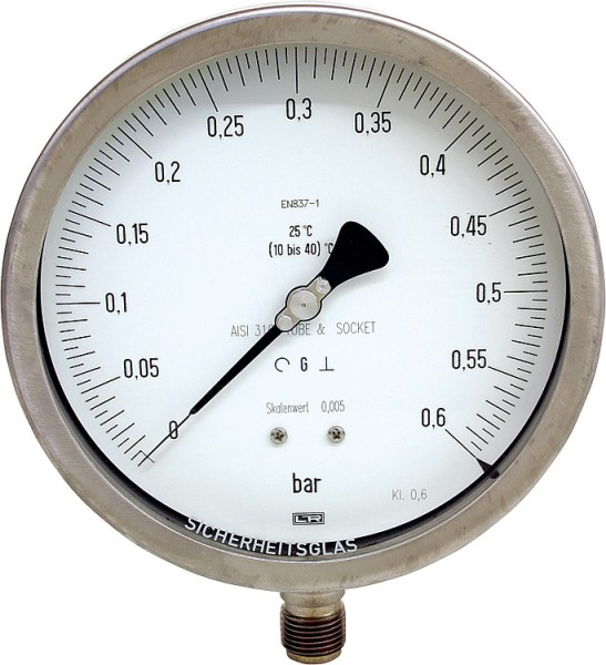 Feinmess-Manometer DN 15 (1/2) radial, 0-25 bar,Kl. 0,6 Durchm. 160 mm