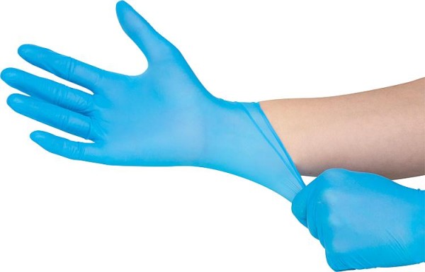 Chemikalien-/ Schutzhandschuh Nitril, puderfrei 30 cm, blau, M / VPE 50 St.