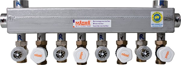 Edelstahl-Verteiler 60/60 mit mont. Ventilen und Rondo- Abgleichventil für 8 Hei