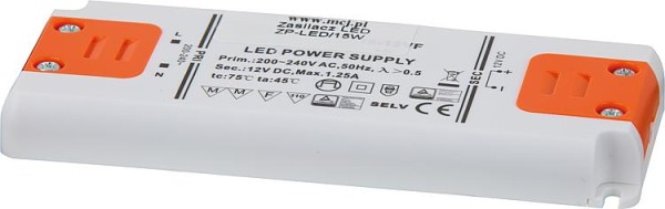 Trafo für LED Leuchtmittel 12V DC, 15W, IP20 flache Bauform, 128x51x14mm