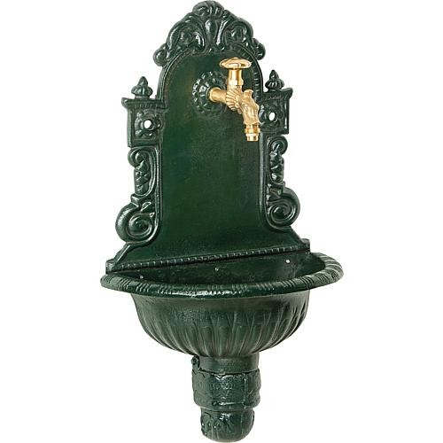 Wandbrunnen aus Graugus, grün, mit Messing-Nostalgieventil