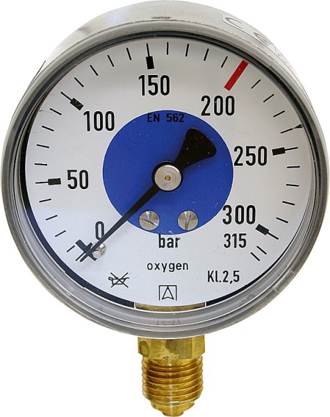 Manometer f. Sauerstoff D63, 0-40bar Anschluss R1/4" verchr. Gehäuse Stahlblech schwarz mit Aufschri