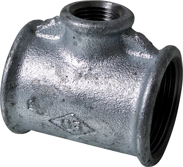 Tempergussfitting verzinkt Nr. 130R, T-Stück reduziert Ø 1" x 1" x 1/2"