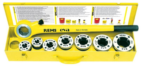 REMS eva Set komplett mit Schneidköpfen R 1/2" 3/4" 1" 11/4" Gewindeschneidmaschine Handkluppe