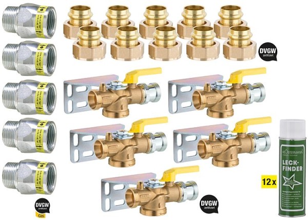 Gasinstallationspaket mit Ström- ungswächter, Verschraub., Kugel- hahn + Gratis Gas-Lecksuchspray