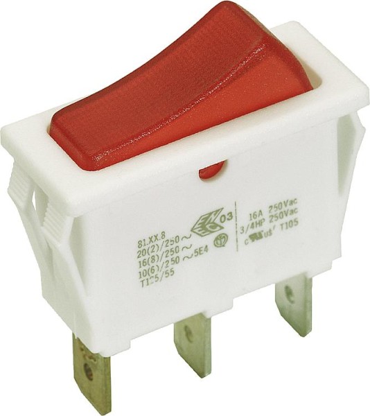 Wipp-Schalter weiß 16 A Löt-/Steckanschluß 6,3 mm mit Kontrollampe rot