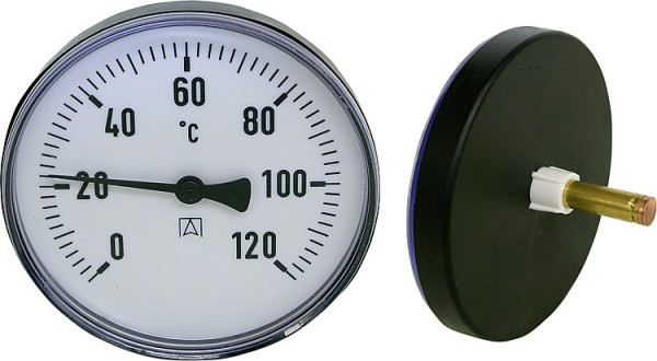 Bimetall-Zeigerthermometer 0-120 C d =100mm, Kunststoffgehäuse mit Fühler 40mm